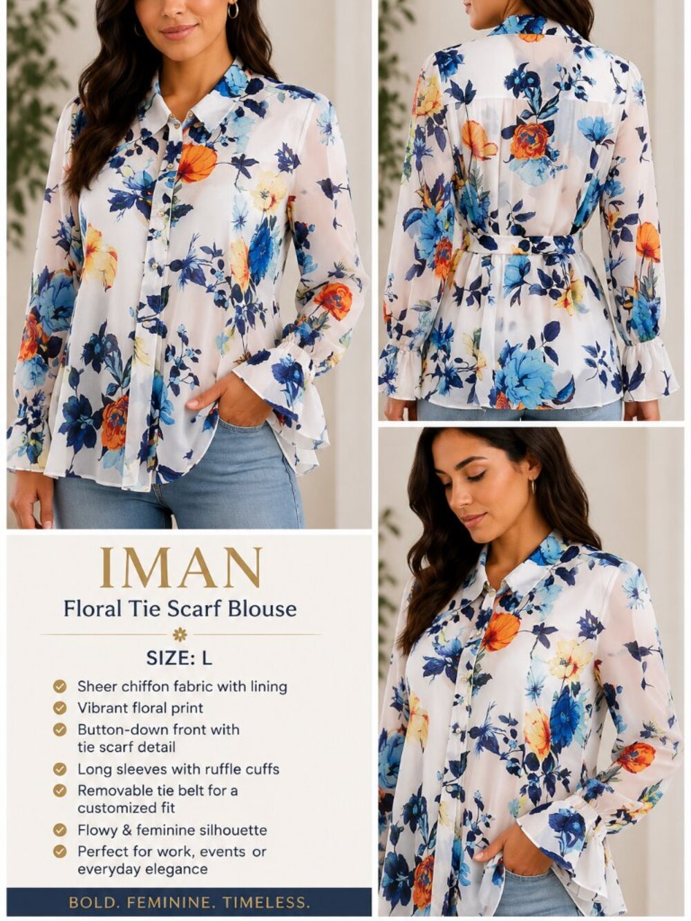 IMAN Floral Tie Scarf Blouse White Blue Orange Size L